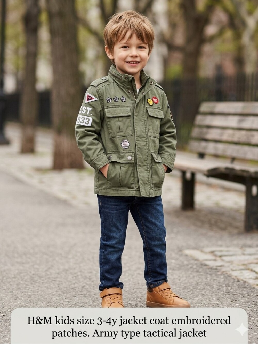 H&M kids size 3-4y jacket coat embroidered patches. Army type tactical jacket